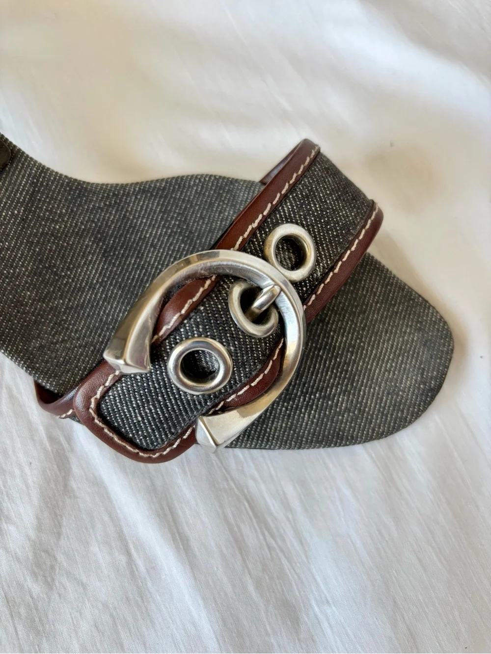 PRADA VINTAGE Silver Buckle Dark Blue Denim Leather Slide Sandals IT Size 38 1/2
